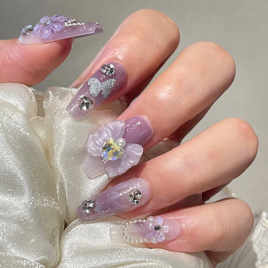 Whimsical Romance Long Coffin Lavender Press On Nail Set with Floral Embellishments and Shimmering Accents