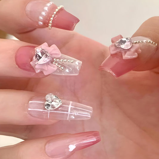 Charming Delight Long Coffin Gradient Pink Press On Nail Set with Glamorous Jewel Accents