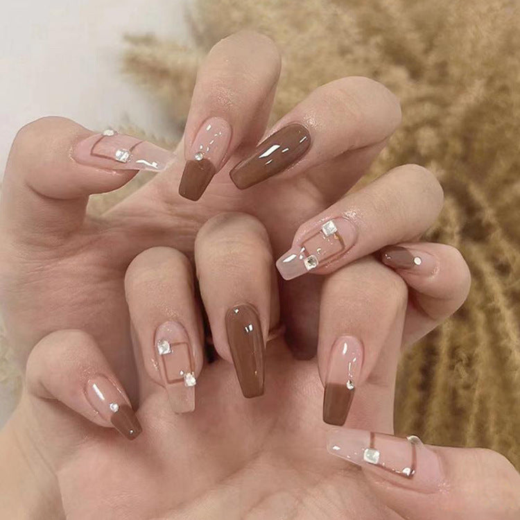 Glamorous Elegance Long Coffin Brown and Beige with Sparkling Accents Press-On Nail Set
