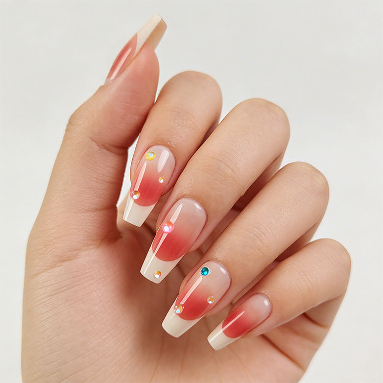 Glamorous Elegance Long Coffin Gradient Peach and White Press On Nail Set with Dazzling Rhinestones