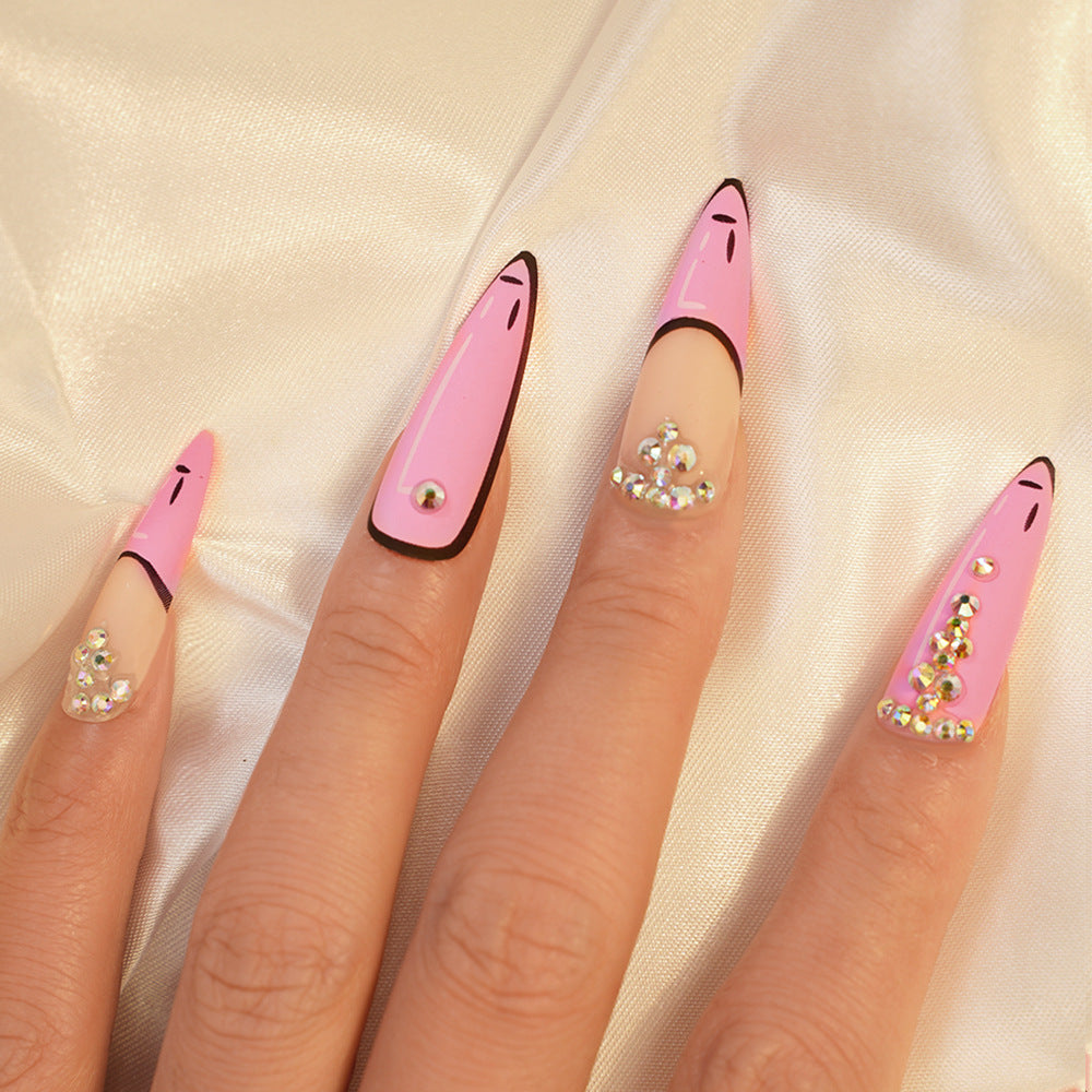 Glamorous Fairy Tale Long Stiletto Pink and Beige Press On Nail Set with Sparkling Rhinestone Accents