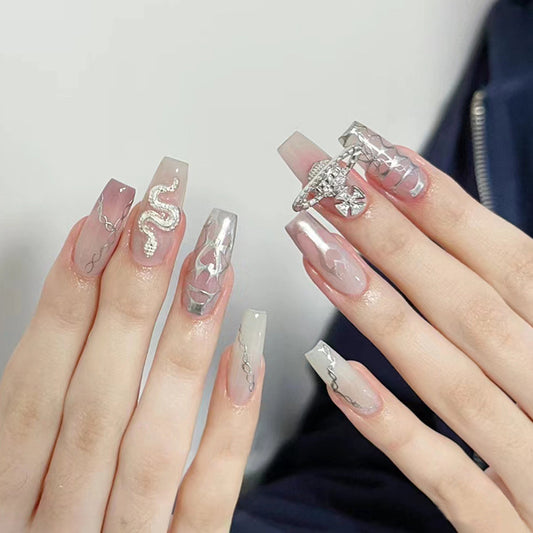 Enchanted Jungle Long Coffin Transparent Nails with Intricate Snake and Gem Embellishments