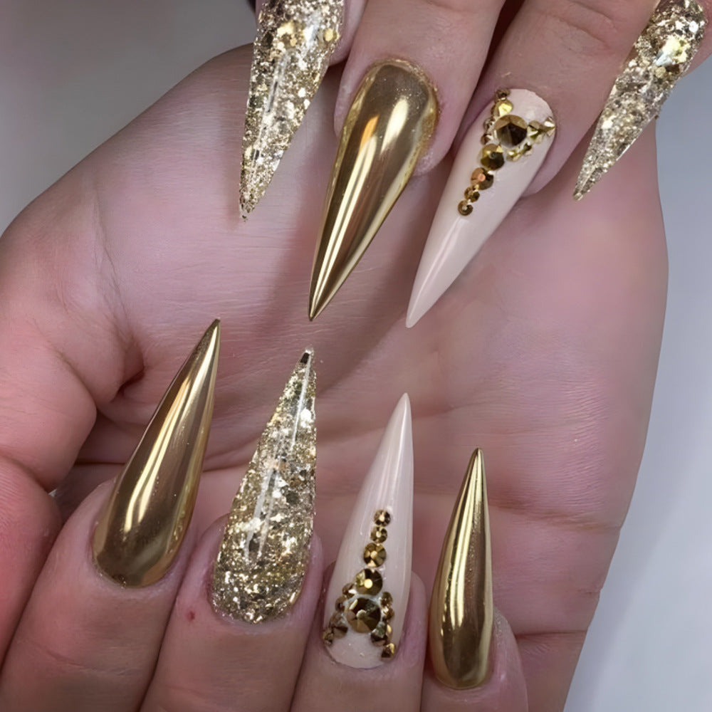 Glamorous Gala Extra-Long Stiletto Gold Glitter Accent Press On Nail Set with 3D Embellishments