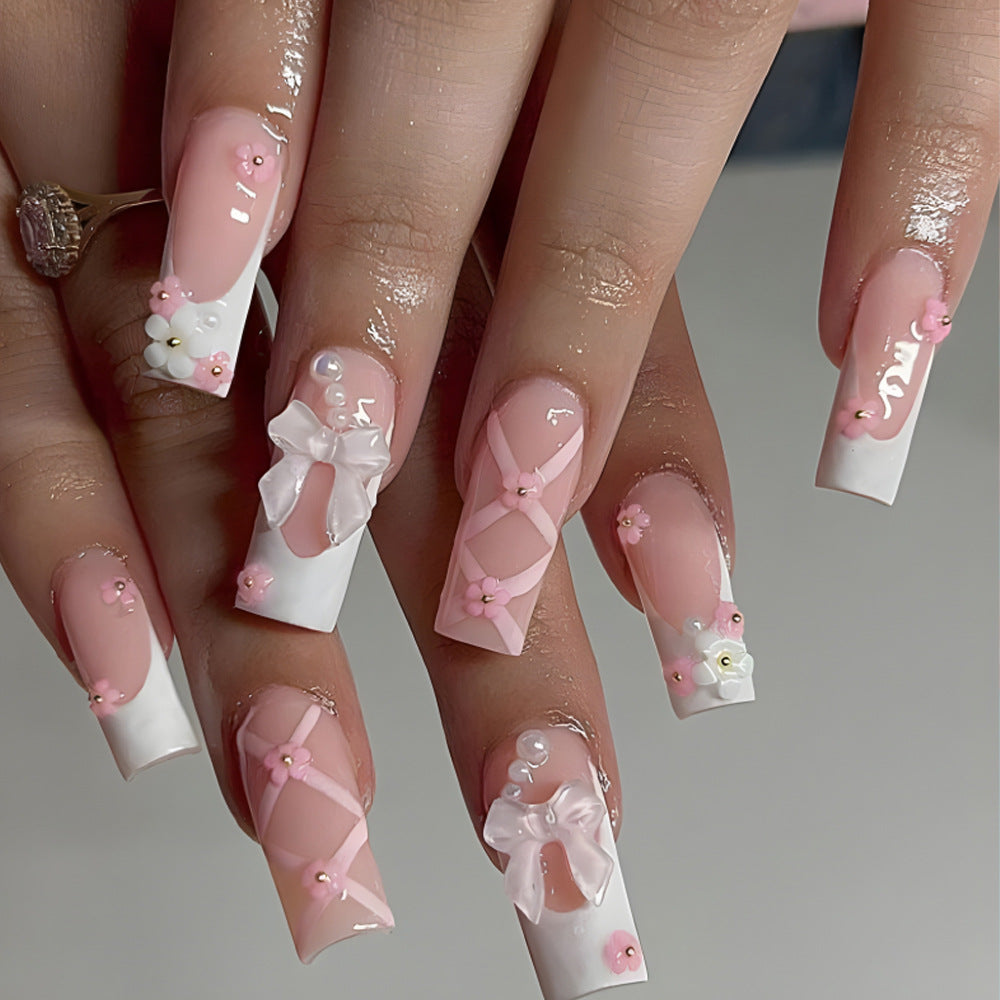 Romantic Elegance Long Square Pink with Floral Bow and Pearl Accents Press On Nail Set
