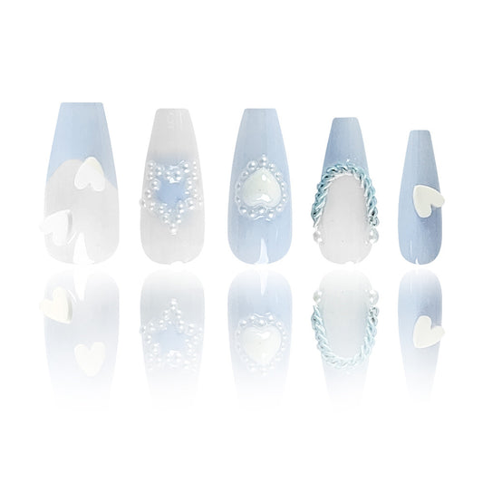 Cherubic Bliss Long Coffin Soft Blue with Heart and Pearl Details Press On Nail Set