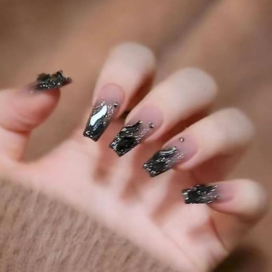 Gothic Glamour Long Coffin Black Metallic Press On Nail Set with Glitter Waves