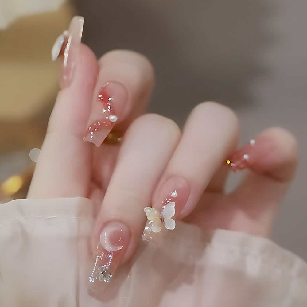 Whimsical Elegance Long Coffin Transparent Pink with Butterfly and Gemstone Accents Press on Nail Set
