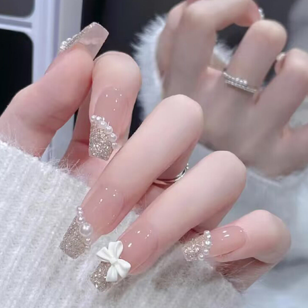 Chic Elegance Long Coffin Transparent with Sparkling Glitter and Charming Bow Press On Nail Set