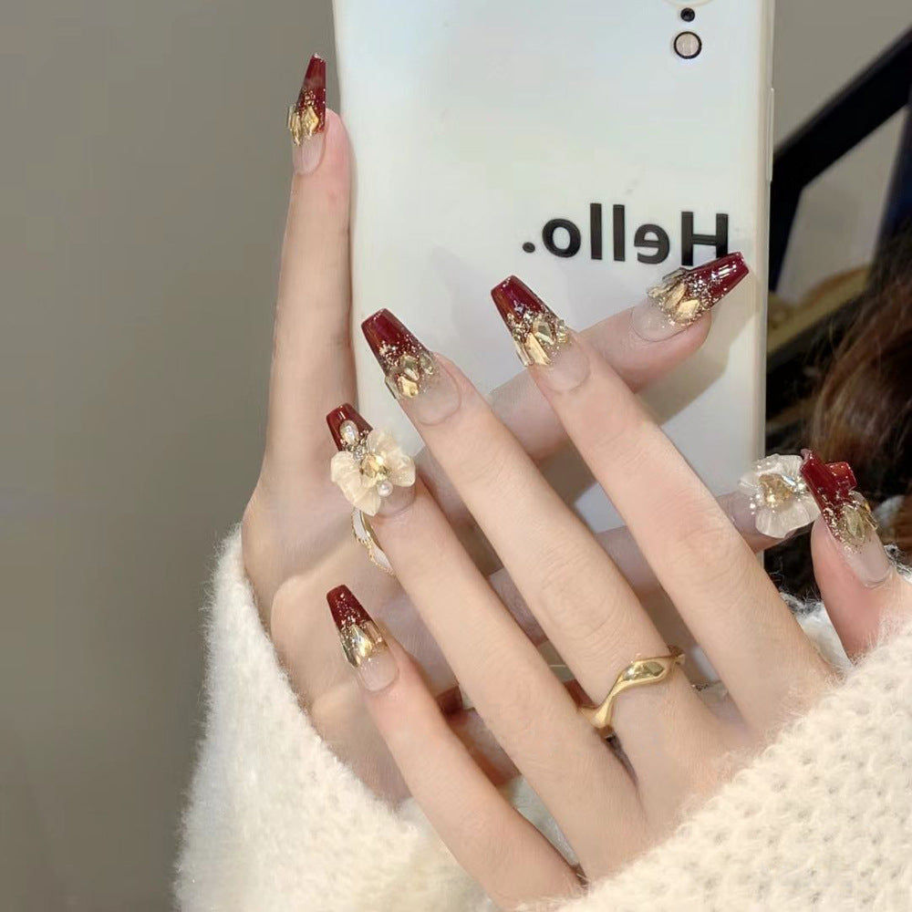 Elegant Floral Fantasy Long Coffin Burgundy Press-On Nail Set with Gold Accents and Embellished Details
