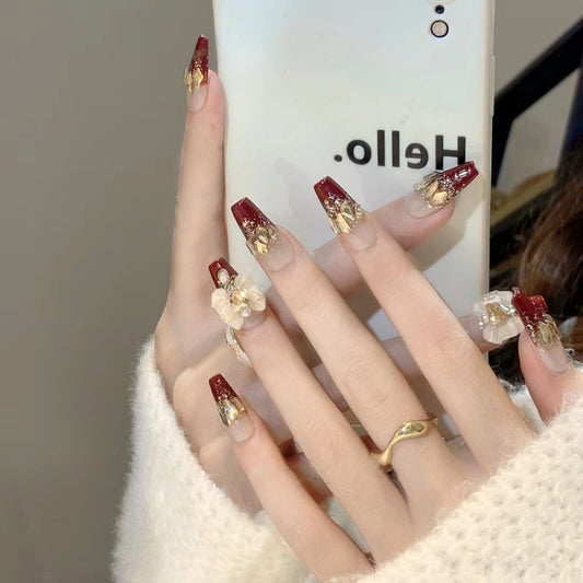 Elegant Floral Fantasy Long Coffin Burgundy Press-On Nail Set with Gold Accents and Embellished Details
