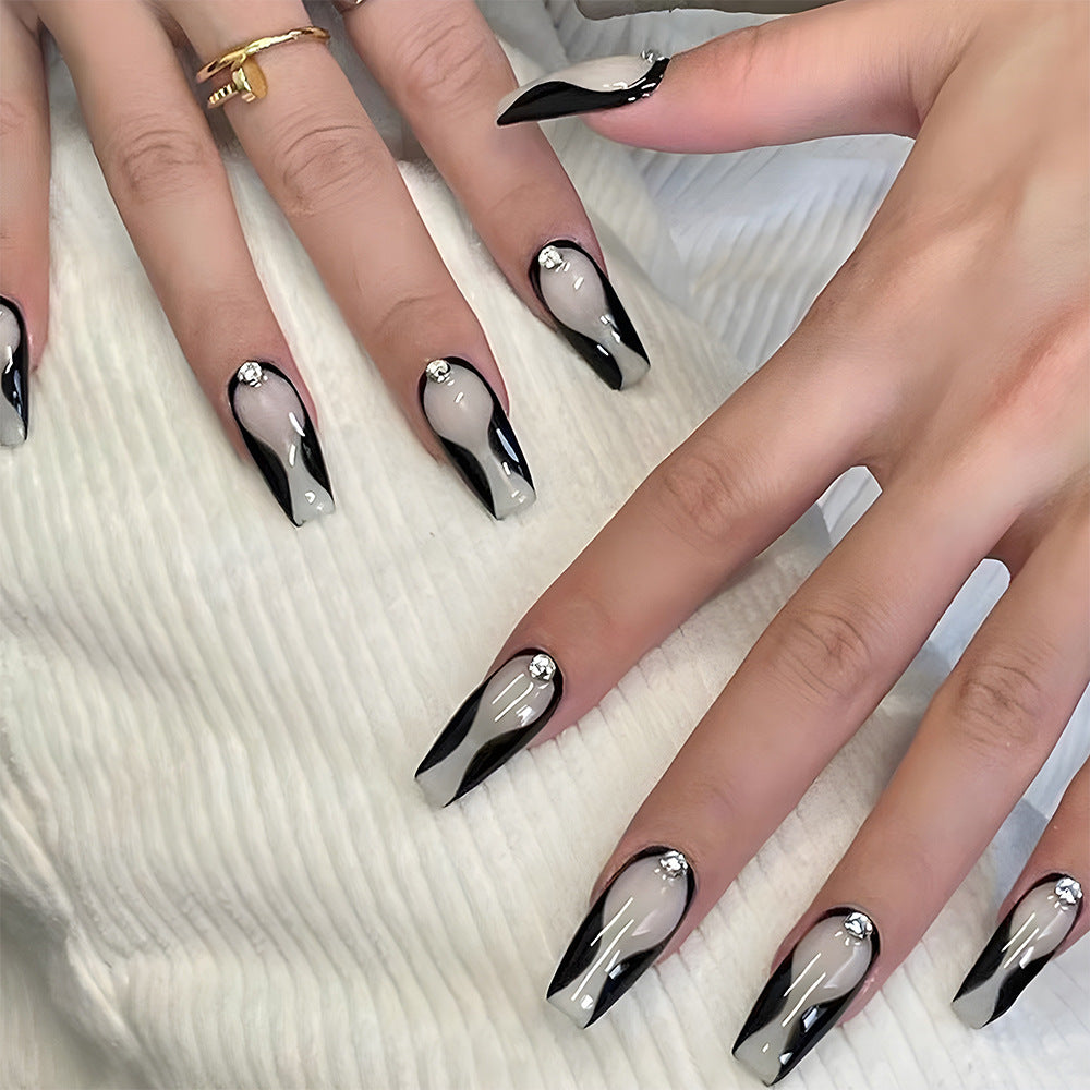 Chic Elegance Long Coffin Matte Black and Cream Press On Nail Set with Rhinestone Accent