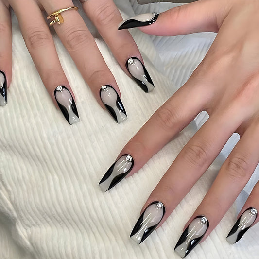 Chic Elegance Long Coffin Matte Black and Cream Press On Nail Set with Rhinestone Accent