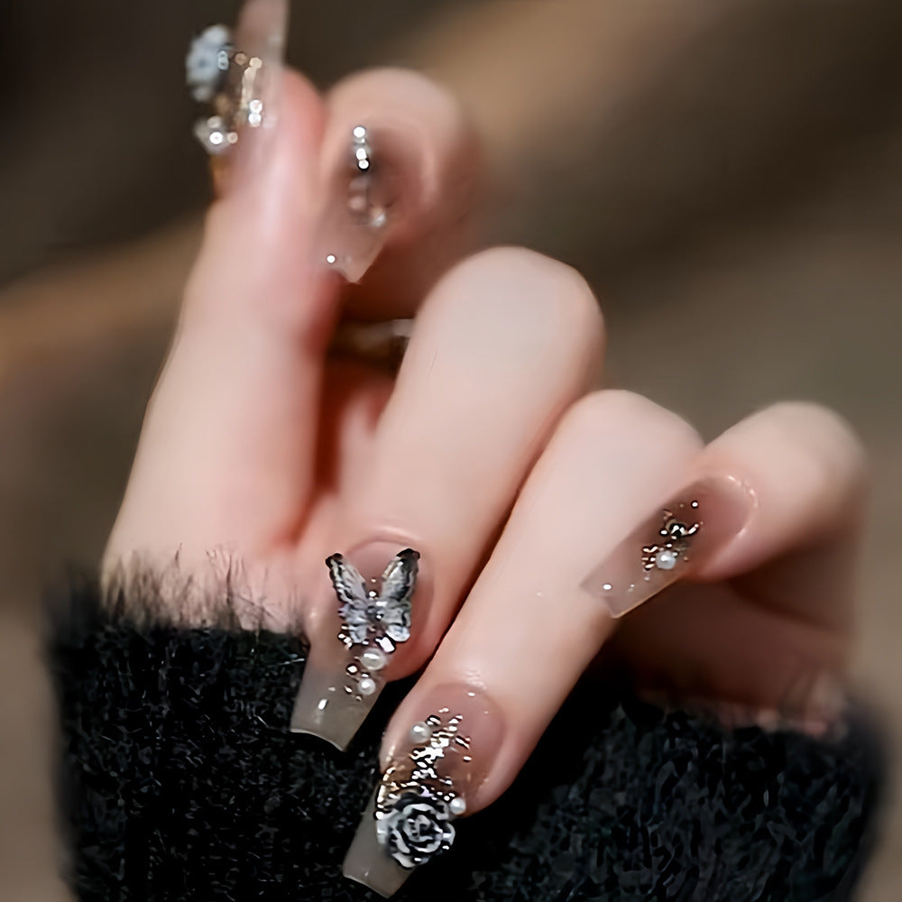 Enchanting Floral Butterfly Coffin Press-On Nail Set in Long Transparent With Glamorous Rhinestones