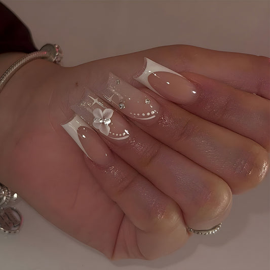 Chic Floral Elegance Long Square Glossy Pink and White Press On Nail Set with Decorative Flower Accents and Rhinestones