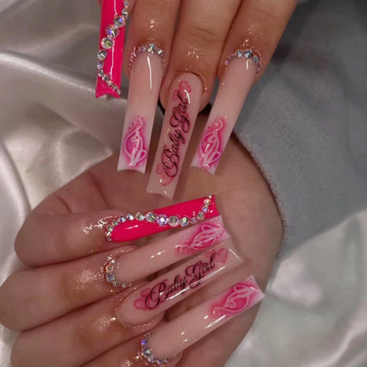 Glam Diva Long Square Pink Press On Nail Set with Rhinestones and Floral Designs