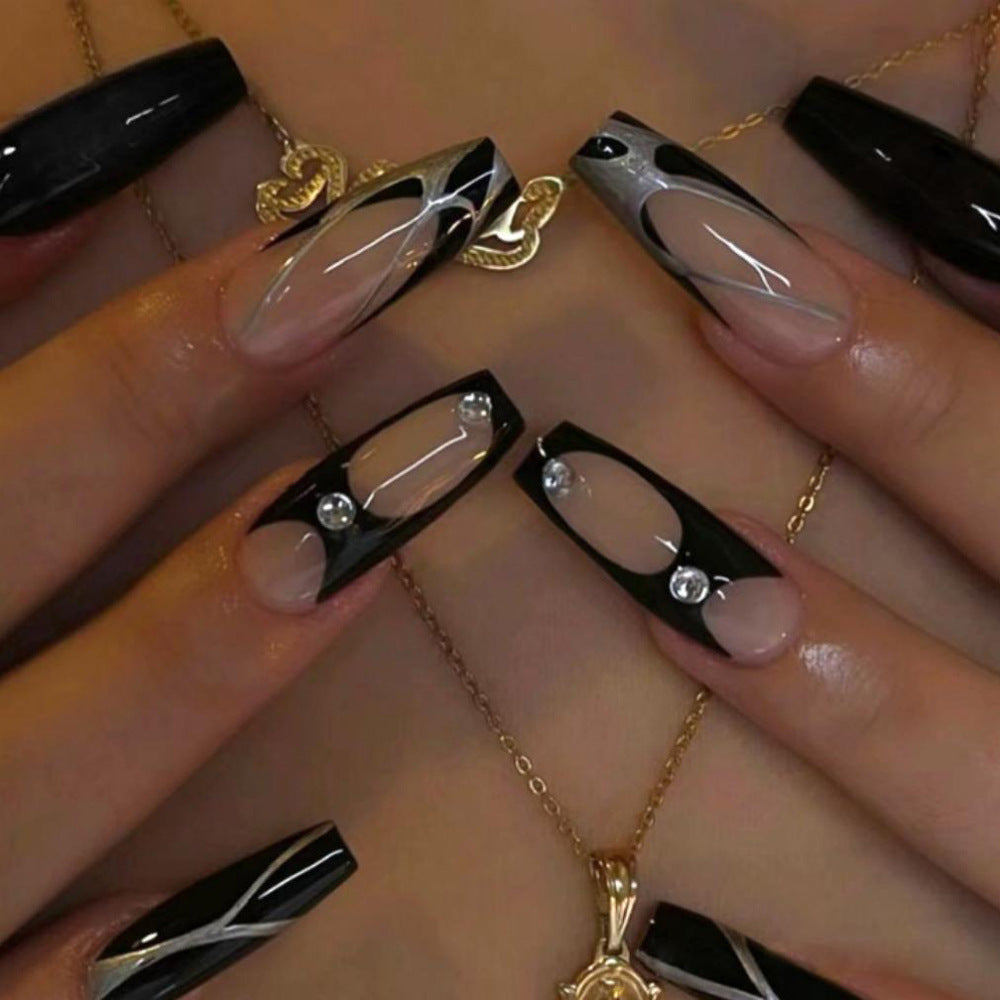 Glamorous Soiree Long Coffin Black and Transparent Press On Nails with Rhinestone Embellishments