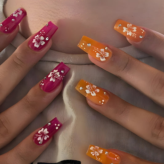 Tropical Paradise Extra Long Coffin Press On Nail Set in Pink Orange with Floral Designs and Jewel Accents