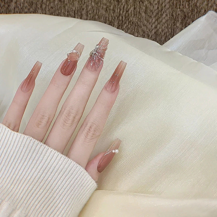 Whimsical Elegance Long Coffin Gradient Pink with Floral Embellishment Nail Set