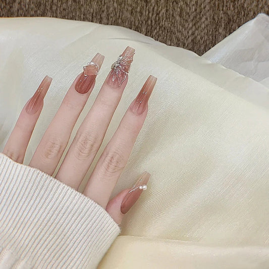 Whimsical Elegance Long Coffin Gradient Pink with Floral Embellishment Nail Set