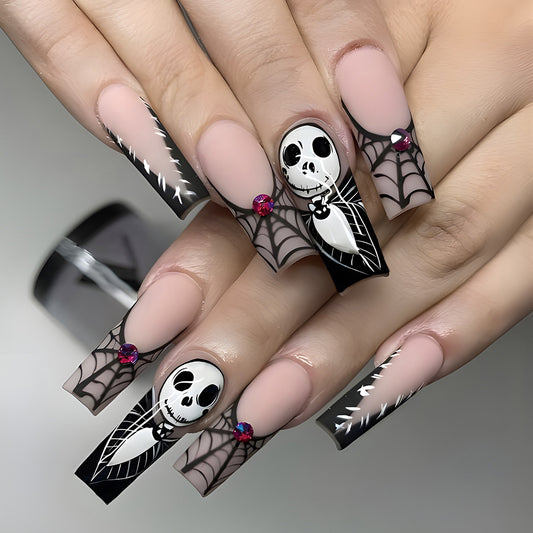 Spooky Season Long Square Matte Black Press On Nail Set With Skull Design And Gem Accents