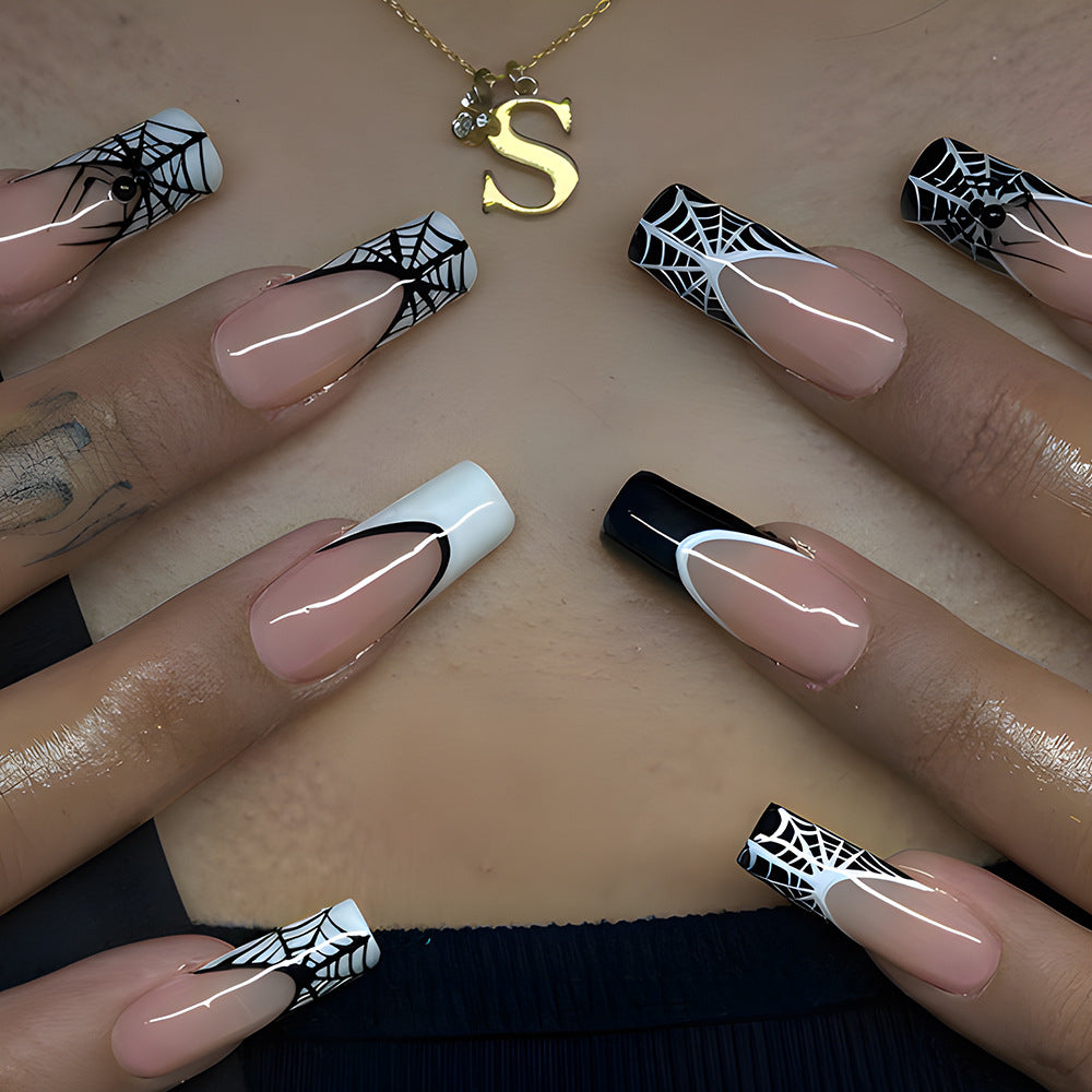 Spooky Elegance Long Coffin Pink and Black Press On Nail Set with Intricate Spiderweb Design