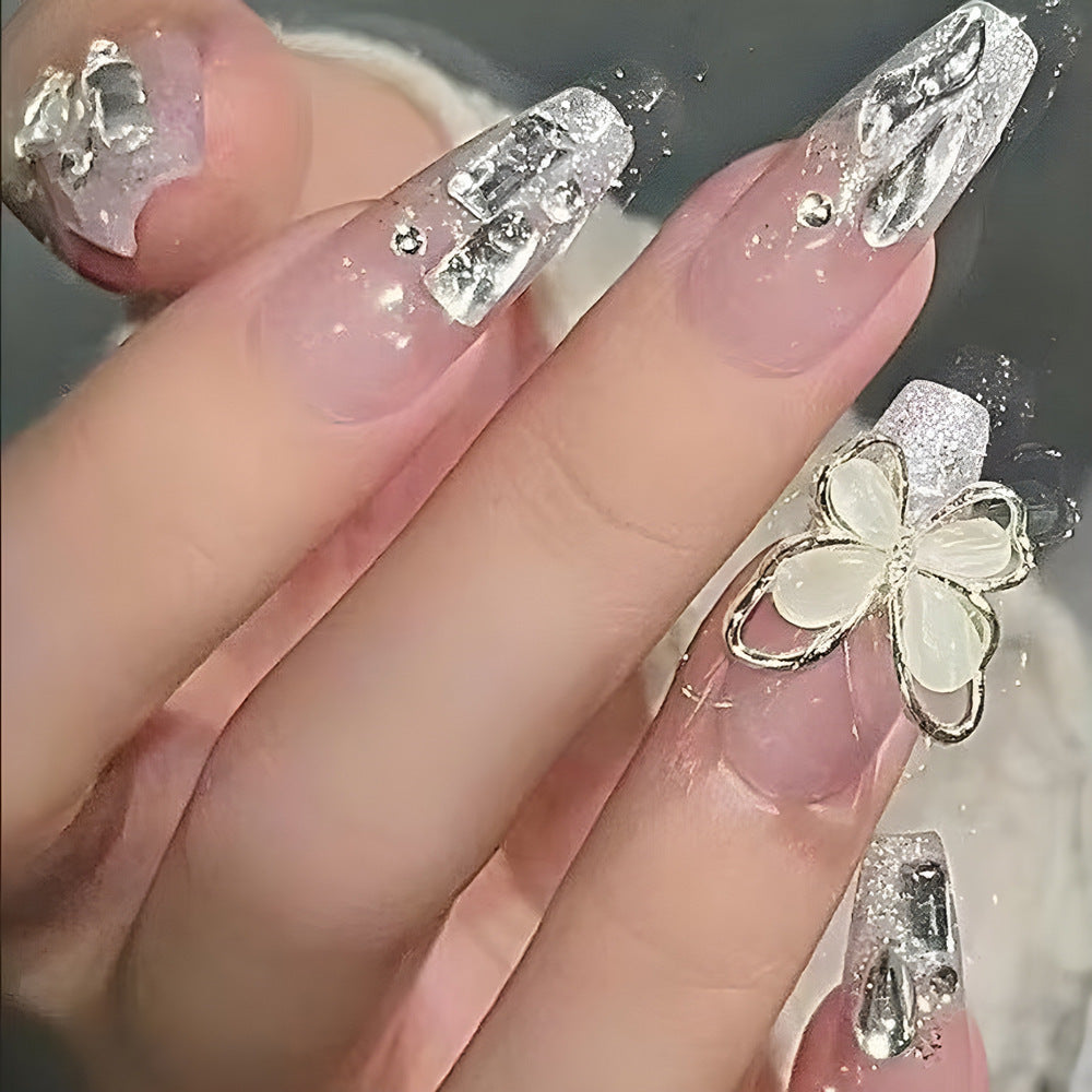 Glamourous Elegance Long Stiletto Crystal Clear Press On Nail Set with Decorative Butterfly Accent