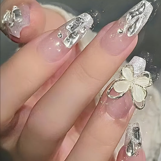 Glamourous Elegance Long Stiletto Crystal Clear Press On Nail Set with Decorative Butterfly Accent