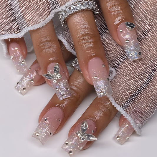 Whimsical Fairy Dream Long Square Clear Nails with Butterfly Accents and Sparkling Glitter