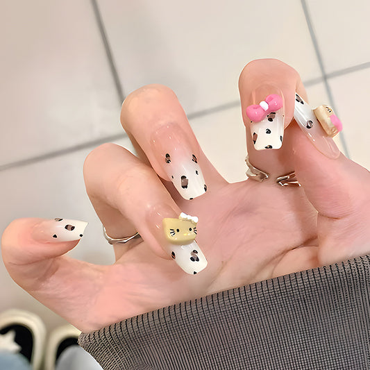 Cute Cowgirl Long Coffin White Nails with Fun Animal Charms