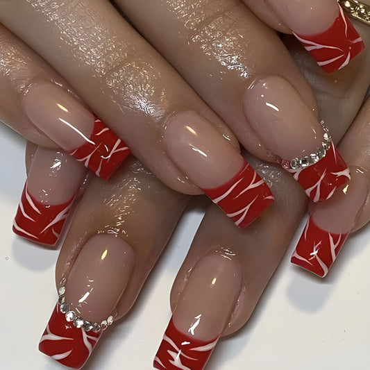 Exquisite Romance Long Square Red Design with Stunning Gem Accents Press On Nail Set