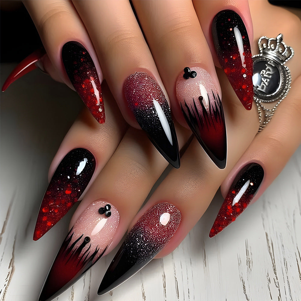 Gothic Glamour Medium Almond Press On Nail Set Black and Red Ombré with Sparkling Accent Details