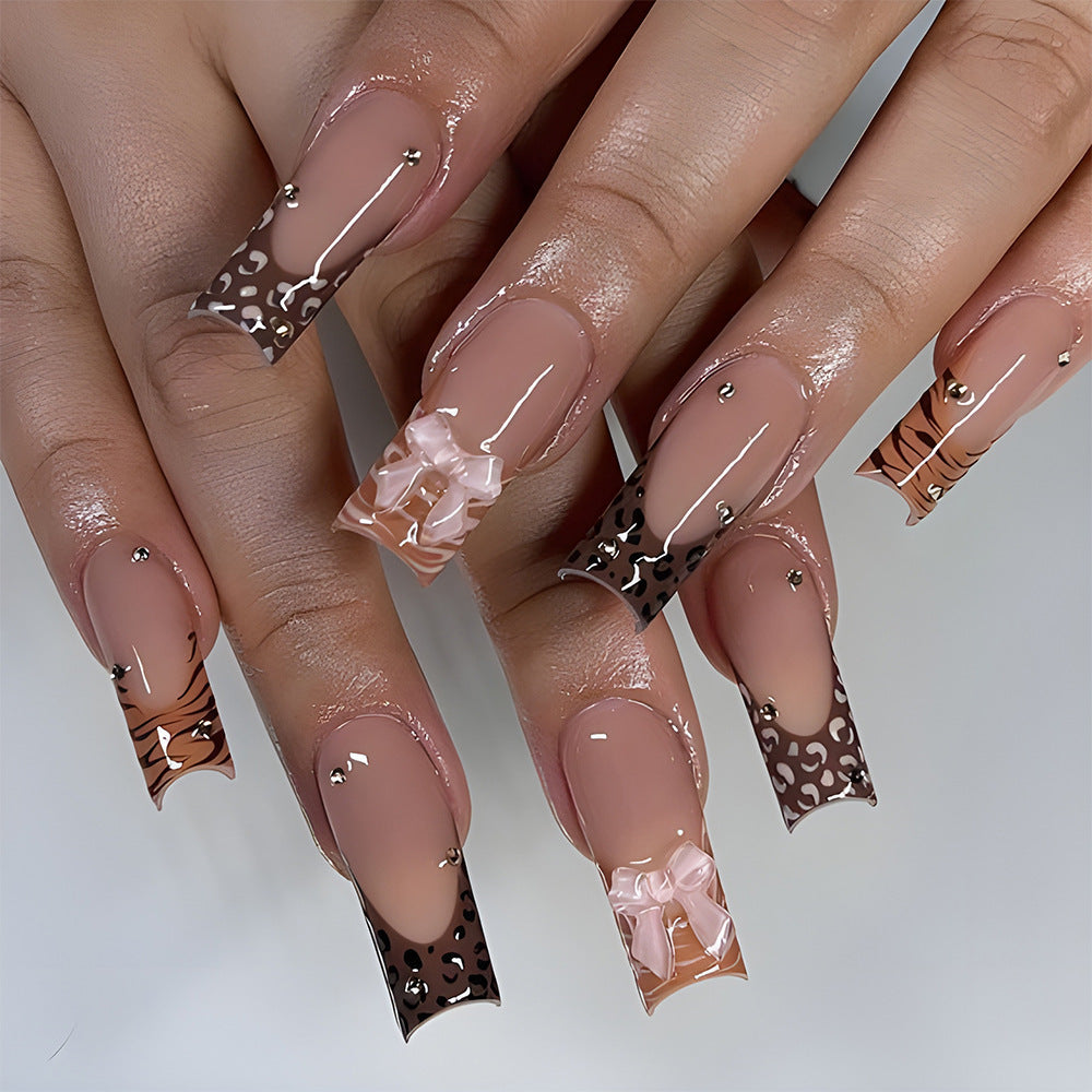 Glamorous Jungle Chic Long Square Beige with Elegant Bows and Stylish Animal Print Press-On Nail Set