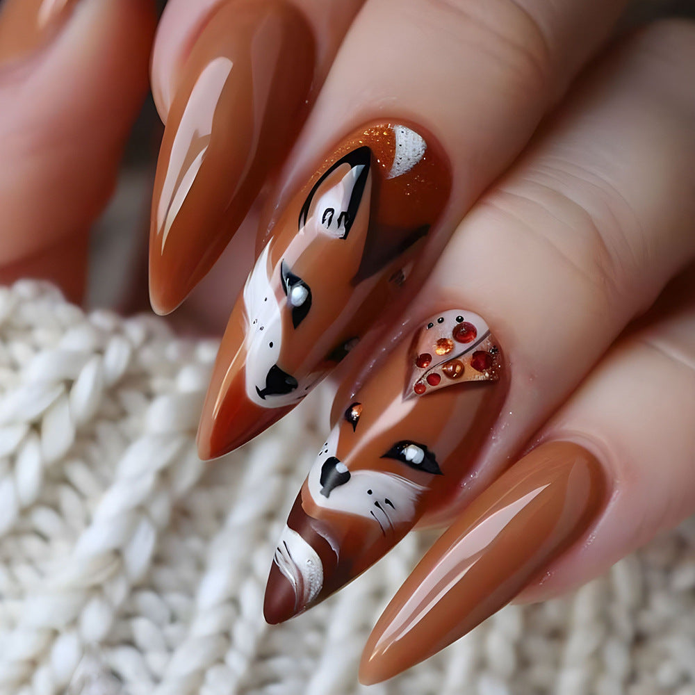 Fox Forest Fantasy Long Stiletto Almond Shape Warm Brown with Intricate Fox Design and Sparkling Accents Press-On Nail Set