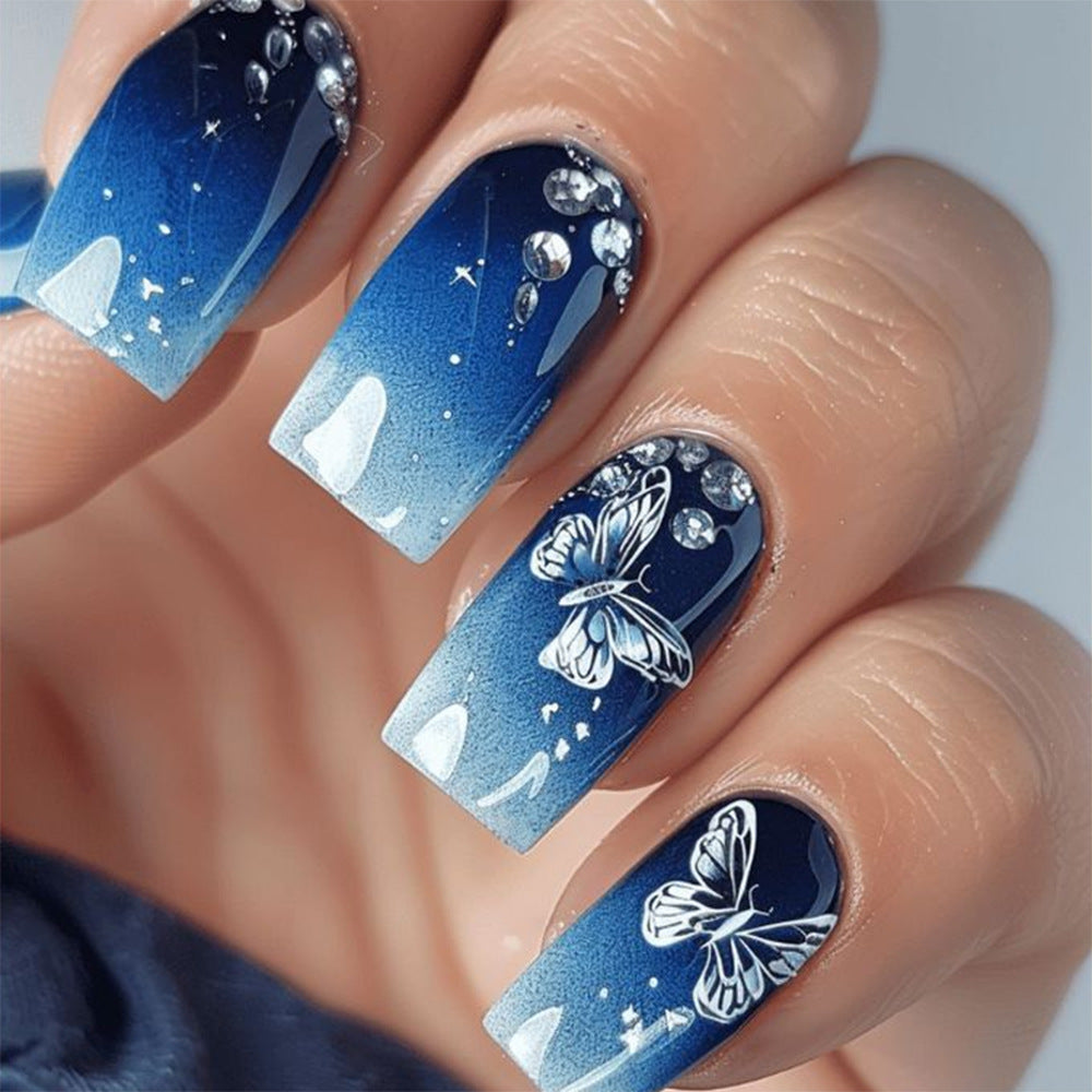 Celestial Dream Press On Nail Set Medium Square Blue Ombre with Stunning Butterfly Design and Gem Accents