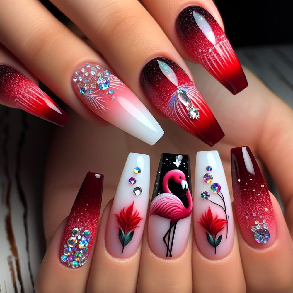 Tropical Elegance Long Coffin Red Ombre Press on Nail Set with Stunning Floral and Gem Accents
