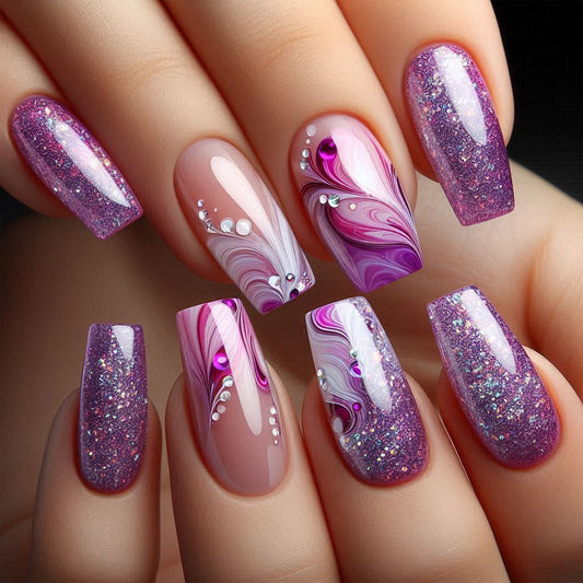 Whimsical Elegance Medium Square Pink Marble Press On Nail Set with Dazzling Glitter and Gem Accents