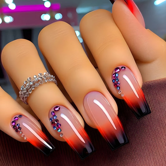 Glamorous Sunset Ombre Long Square Red and Black Gradient with Sparkling Rhinestone Accents Press on Nail Set
