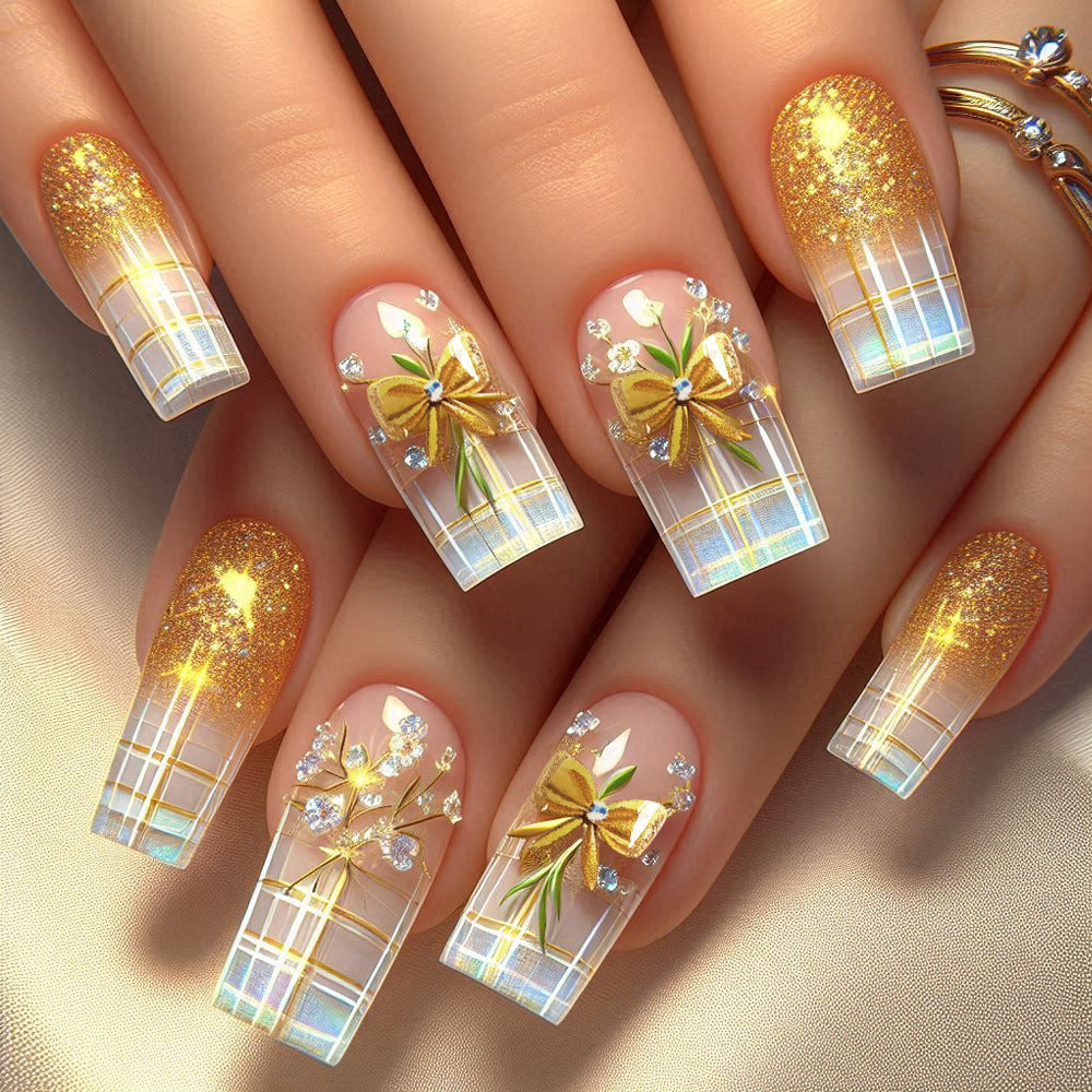 Golden Garden Chic Medium Square Clear Nails with Floral Embellishments and Shimmering Glitter