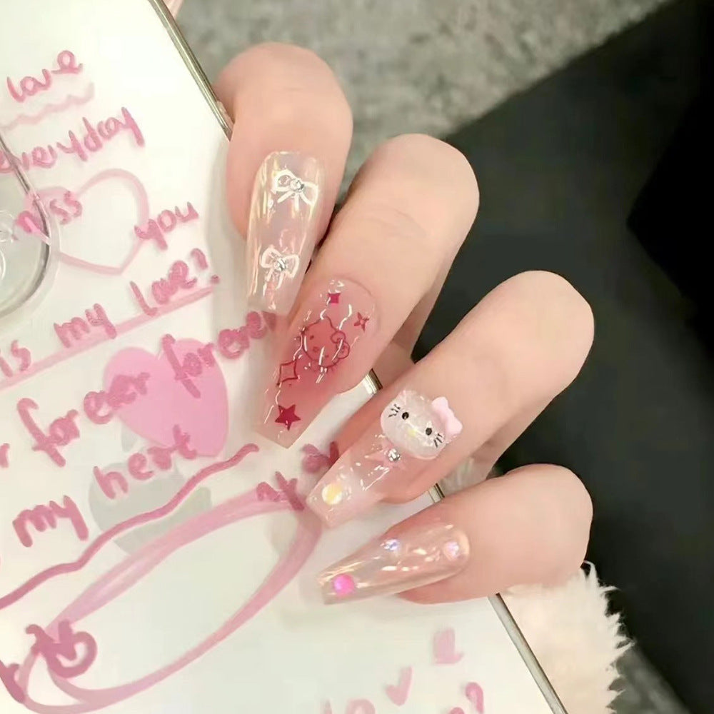 Whimsical Dreamy Long Coffin Pink Translucent with Cute Cartoon Charm Press-On Nail Set