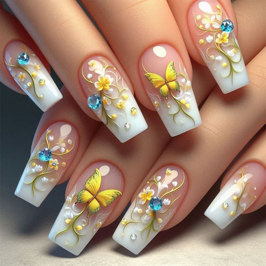 Whimsical Garden Extra Medium Square White Nail Set with Floral and Butterfly Embellishments