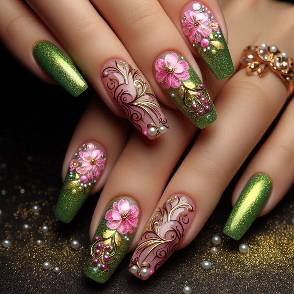 Floral Enchantment Long Square Green and Pink Gradient with Intricate Flower Designs and Glamorous Gem Accents Press-On Nail Set