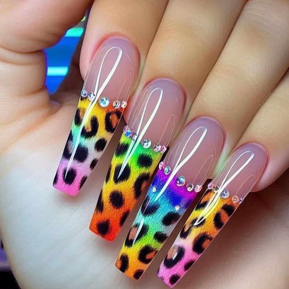 Vibrant Jungle Long Coffin Multicolor with Gem Accents Press-On Nail Set