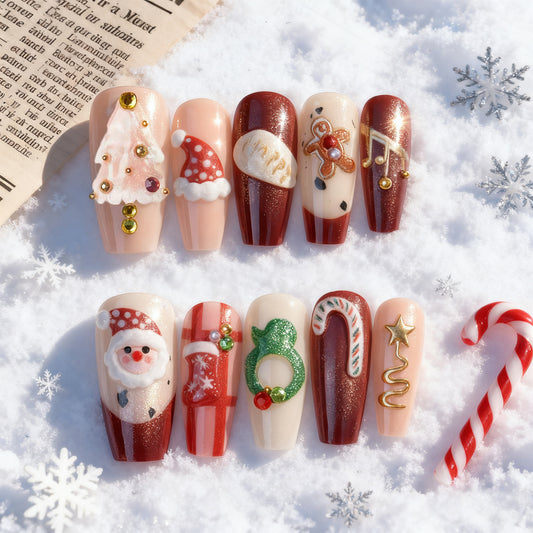 Festive Magic Long Coffin Red with Glittering Holiday Accents Press on Nail Set
