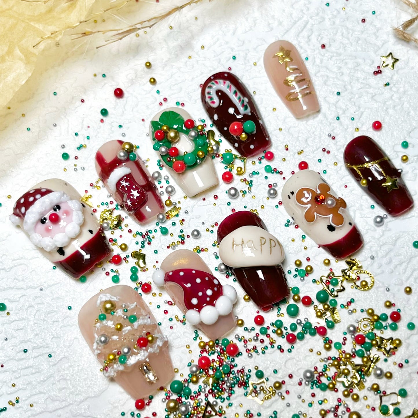 Festive Medium Coffin Red with Unique Holiday Designs Press on Nail Set