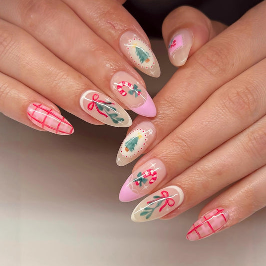 Festive Short Almond Transparent with Holiday Themed Art Press on Nail Set
