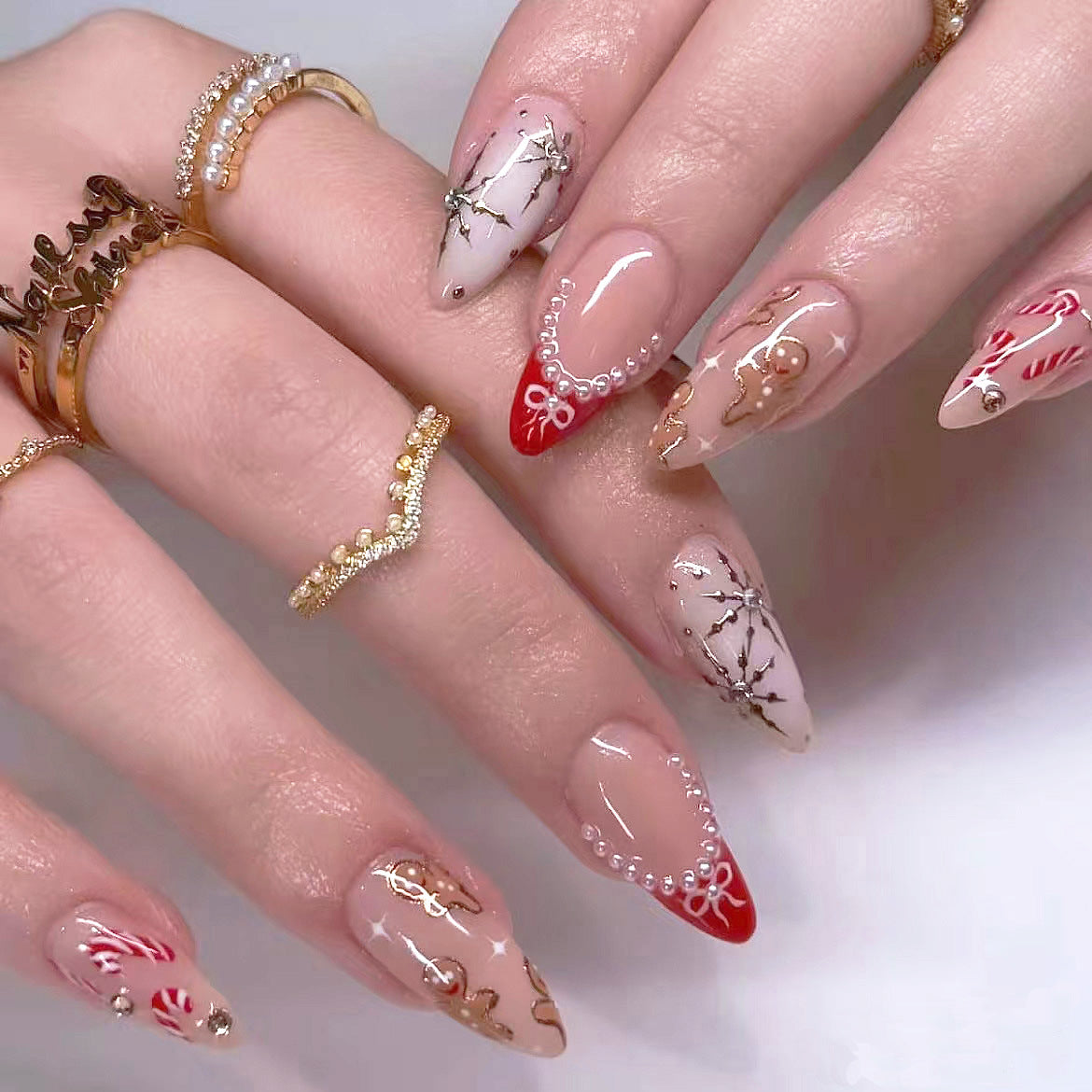 Charming Festive Medium Stiletto Red Accented Press On Nail Set