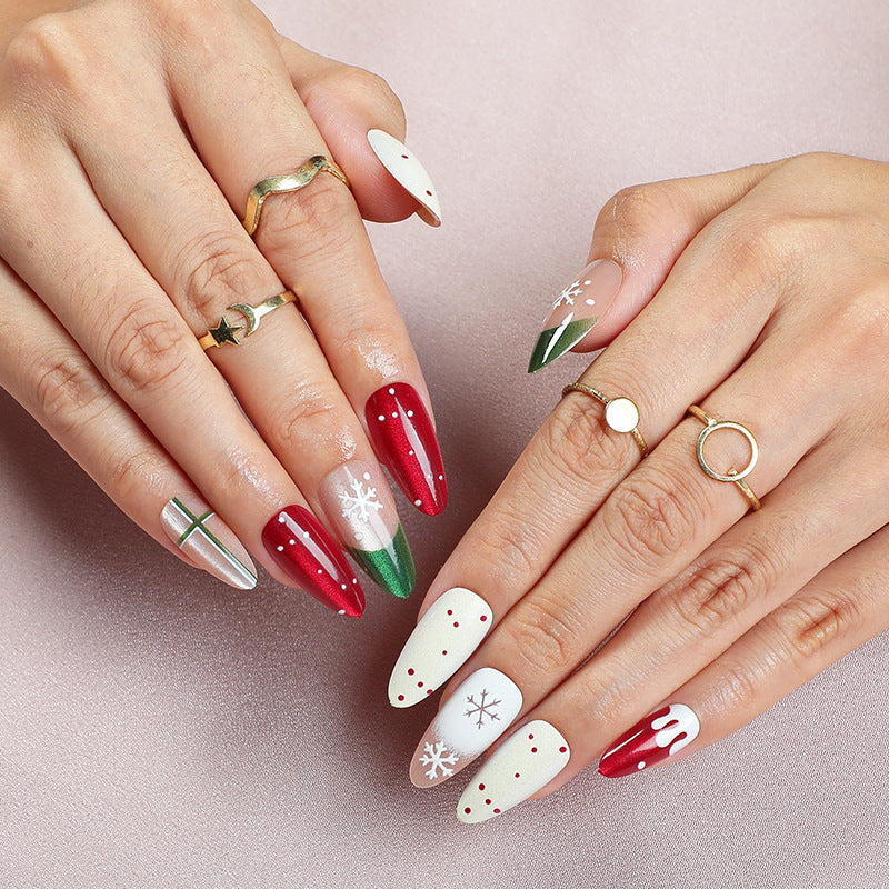 Festive Cheer Long Oval Red and White Nail Set with Sparkling Snowflake Designs