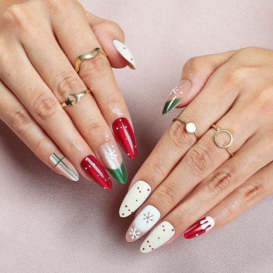 Festive Cheer Long Oval Red and White Nail Set with Sparkling Snowflake Designs