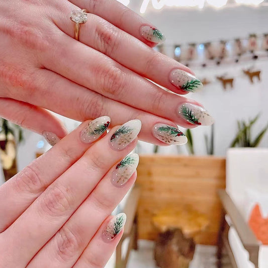 Winter Wonderland Medium Almond Green Floral Press-On Nail Set