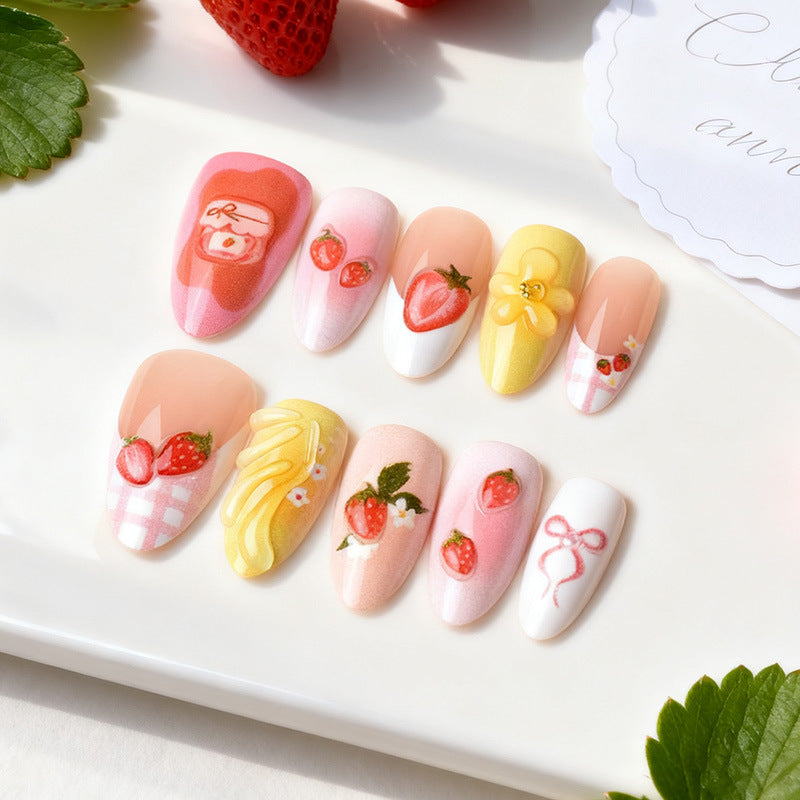 Sweet Strawberry Short Almond Pastel Design Press On Nail Set with Floral Accents
